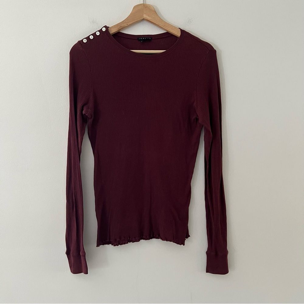 Theory Ribbed Top Fitted Lettuce Hem Maroon Rust Size Large Minimalist